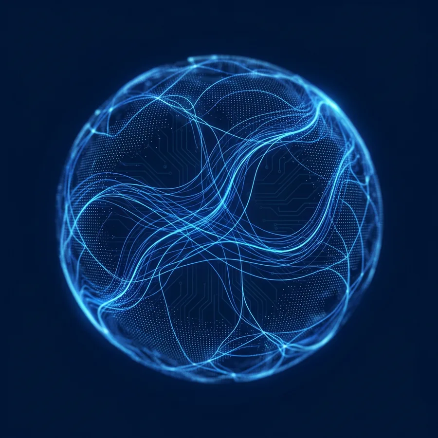 Glowing sphere of connected data streams in Bettroi blue